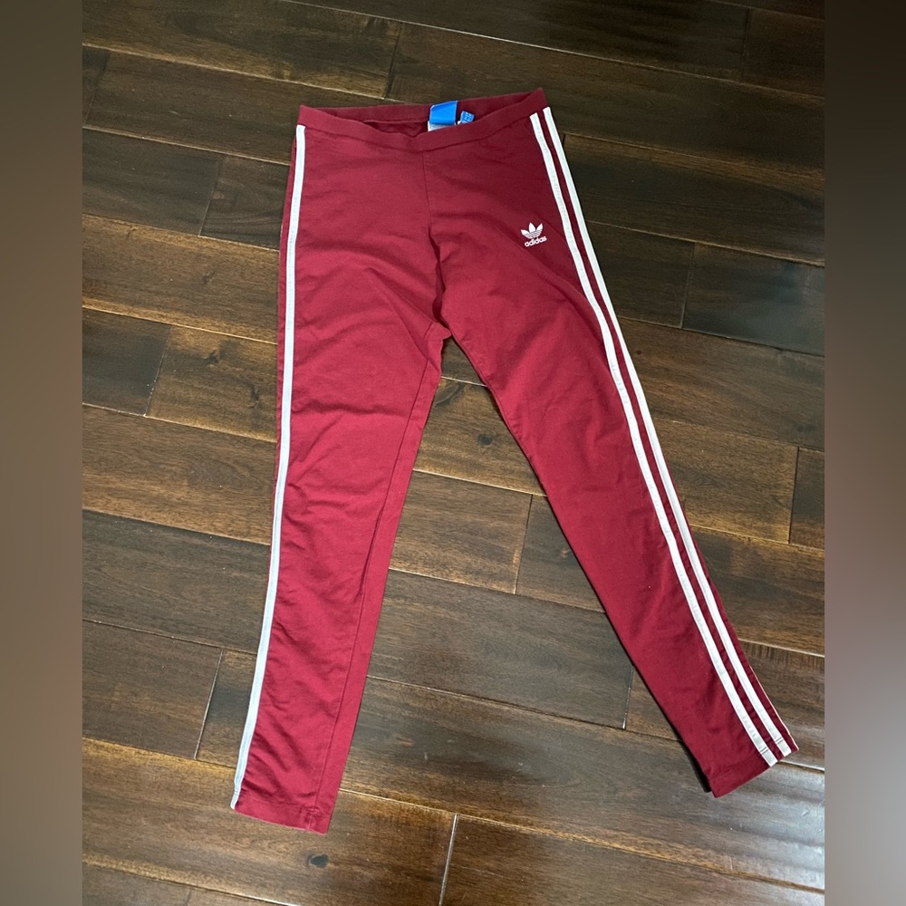 Adidas Burgundy Leggings with White Stripes